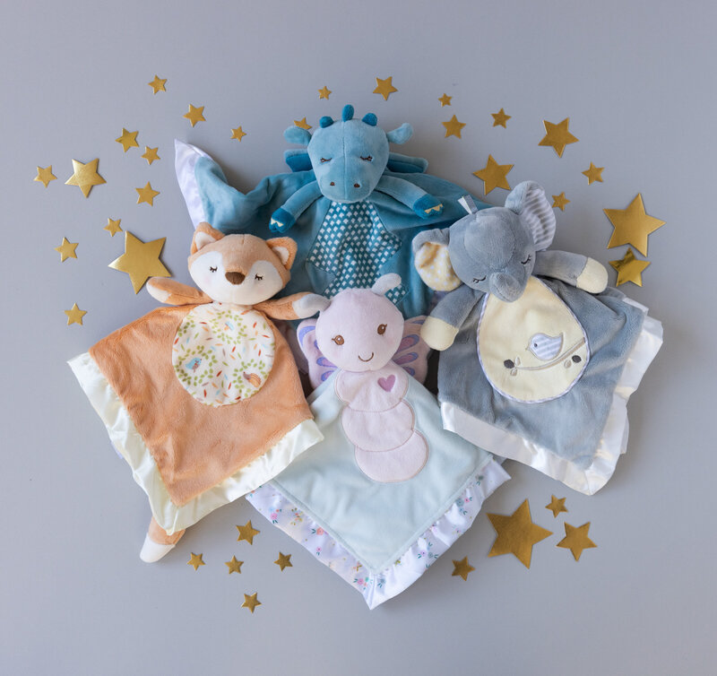 flatlay of baby loveys