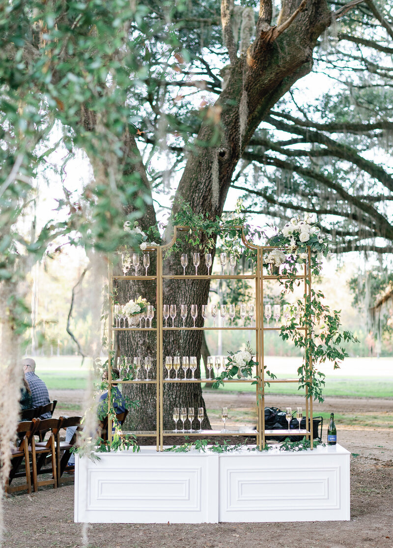 wine station under spanish moss trees during wedding ceremony