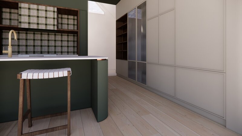 An dark green kitchen with hints of cooper details