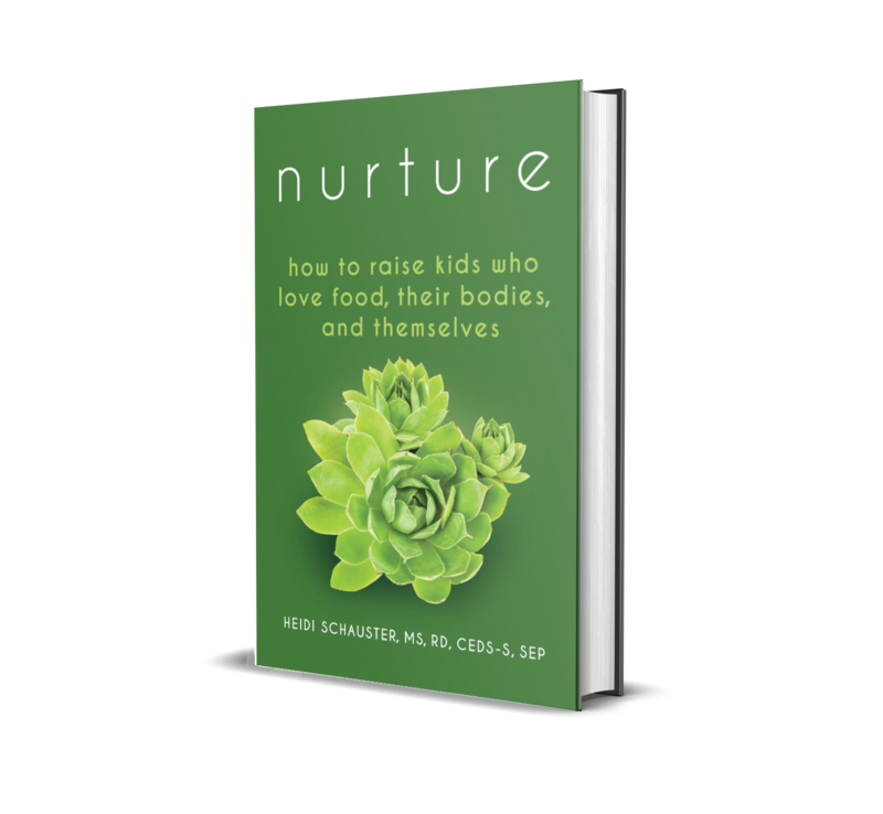 Cover of "Nurture" by Heidi Schauster, focusing on nurturing body, mind, and spirit in children’s food relationships.