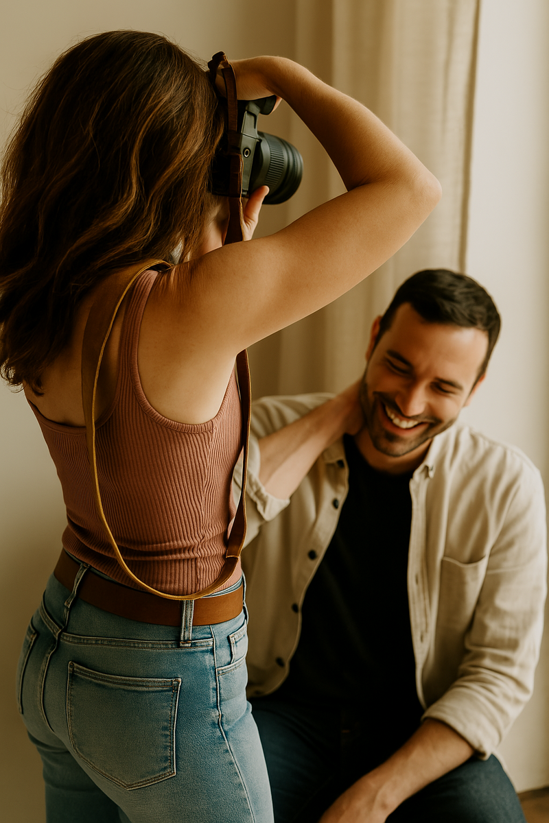 Candid moment of a man smiling during an online dating photography shoot in Minneapolis