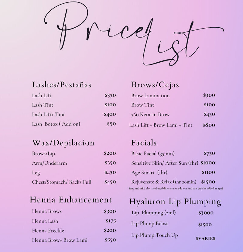 La Diosa Salon price list featuring services such as facials, manicures, pedicures, waxing, haircuts, color treatments, and lash and brow services in Sayulita.