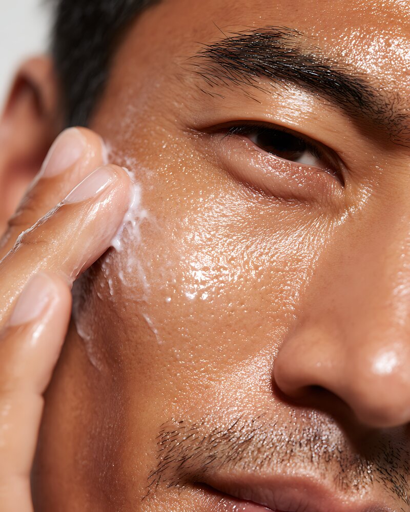 close-up of Asian man massaging cream into skin & beard, healthy hydrated look, detailed pores 