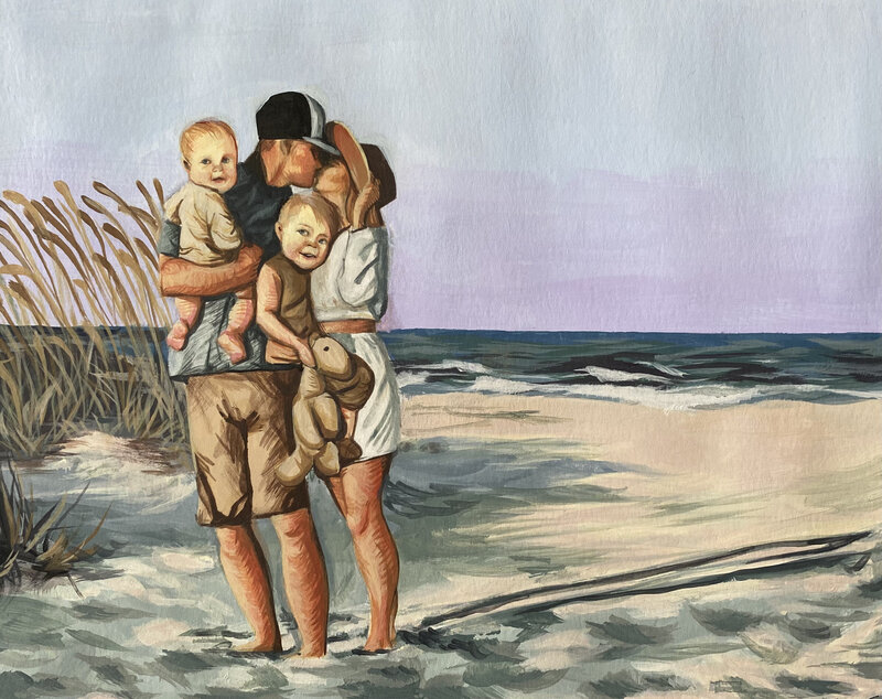 A portrait of a family at the beach. 
