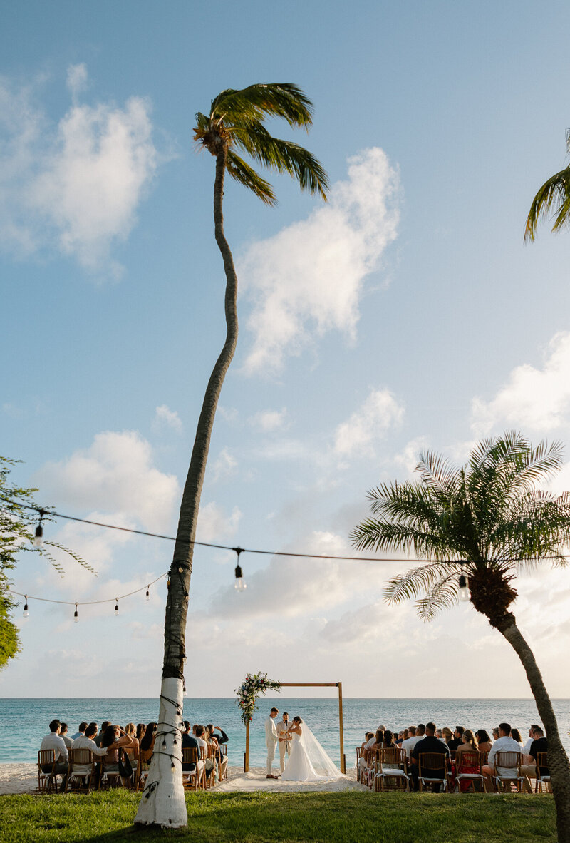 Cancun beach wedding ceremony under palm trees with a wooden arch and ocean views, surrounded by guests.