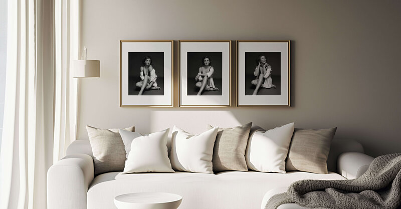 A three-piece framed chic tasteful boudoir portrait series displayed in a modern home, captured by The Picture House in Birmingham, Alabama.