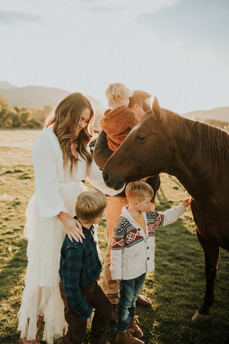 A family of five with three boys pet a horse
