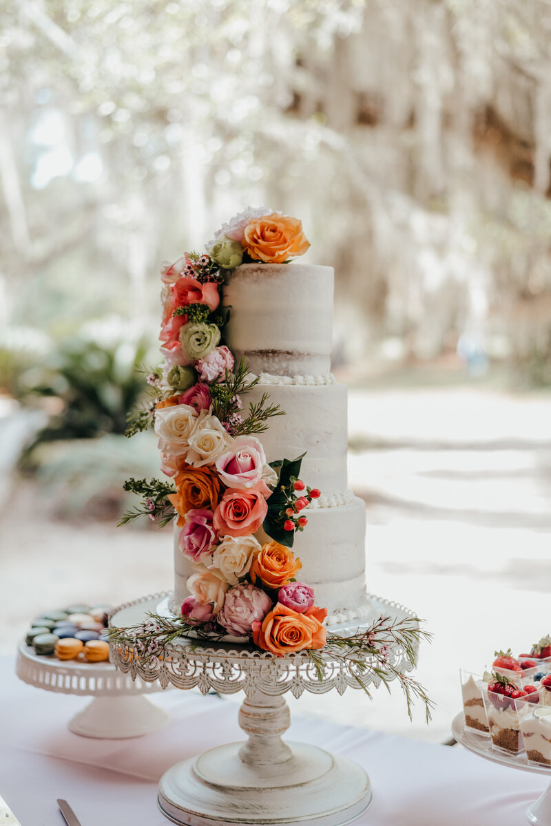 wedding cake with colorful florals for hilton head wedding