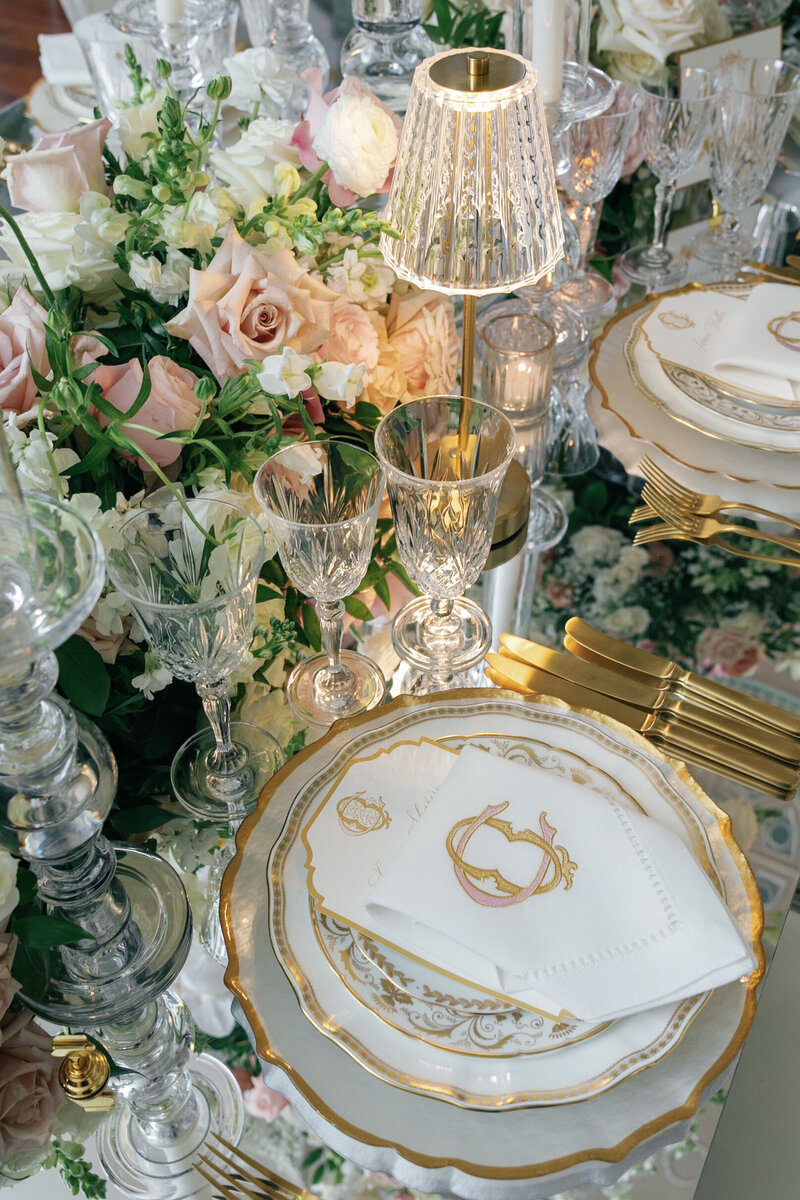 A wedding reception tablescape at the Biltmore Ballrooms, designed by Drake Social Events