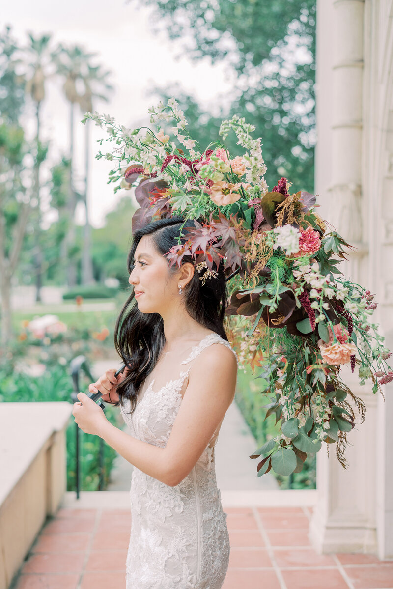20-alisonbrynn-Radiant-LoveEvents-Maxwell-1-House-profile-bride-holding-floral-umbrella-outdoors-romantic-elegant-timeless