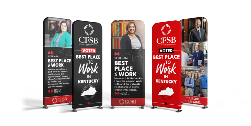 Fabric banner stands for Community Financial Services Bank voted best place to work campaign design by Amanda Newman Design in Paducah, Kentucky