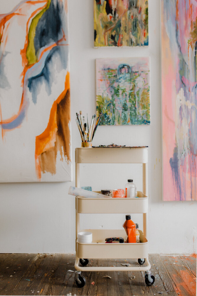interior photography of an artist's paint studio and art