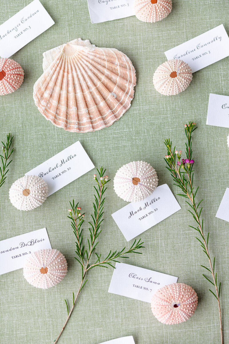 flat lay with table placeholder cards and seashells