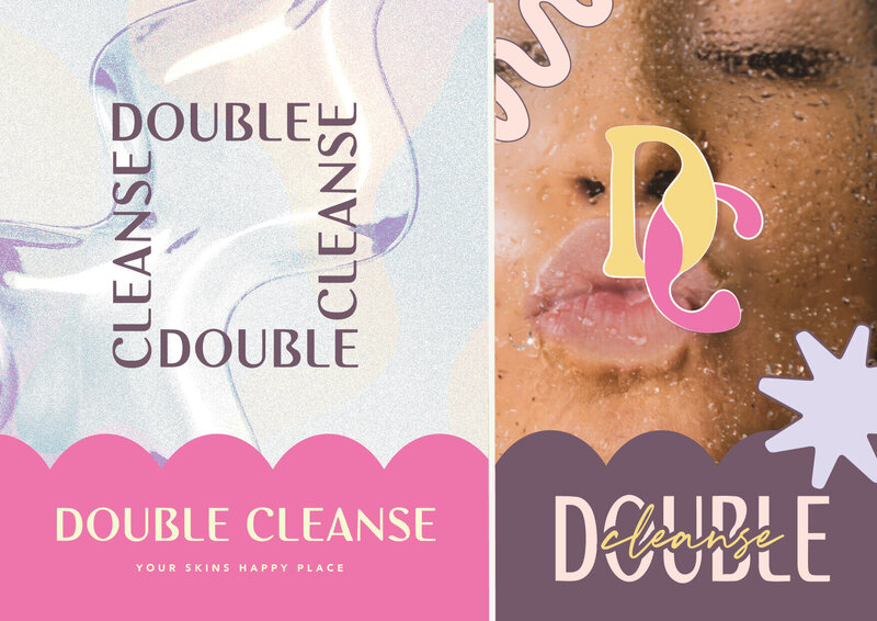 A close-up of a woman’s face with water droplets, overlaid with the "DC" logo and the words "Double Cleanse." The design includes playful purple star shapes and highlights the fresh and clean theme of the skincare brand.
