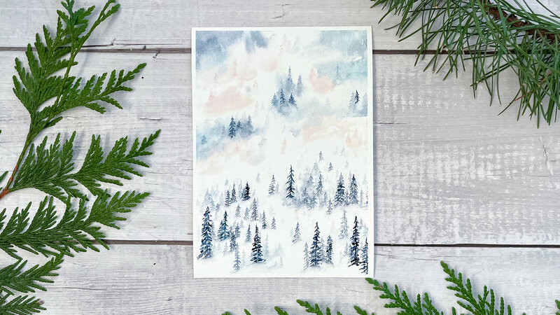Fog lifting from mountainside revealing coniferous trees, watercolour artwork