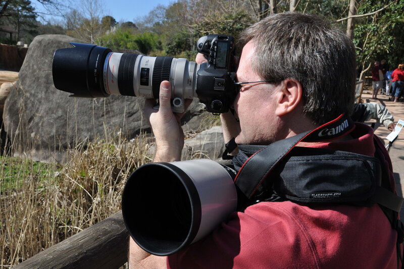 Photographer with multiple large lenses taking photos at zoo with Ron Schroll Photography at Riverbanks Zoo in Columbia, SC