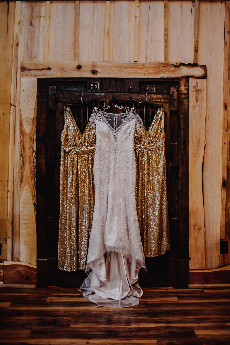 Three glam dresses hang on a wooden door