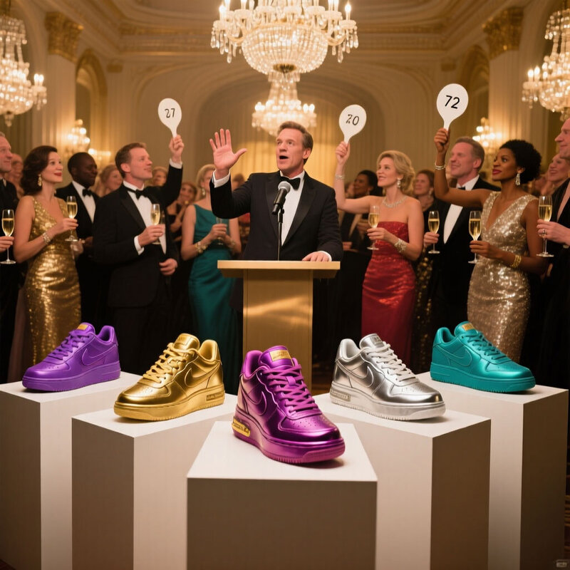 Charity auction with sneakers on the podium actively being auctioned off.
