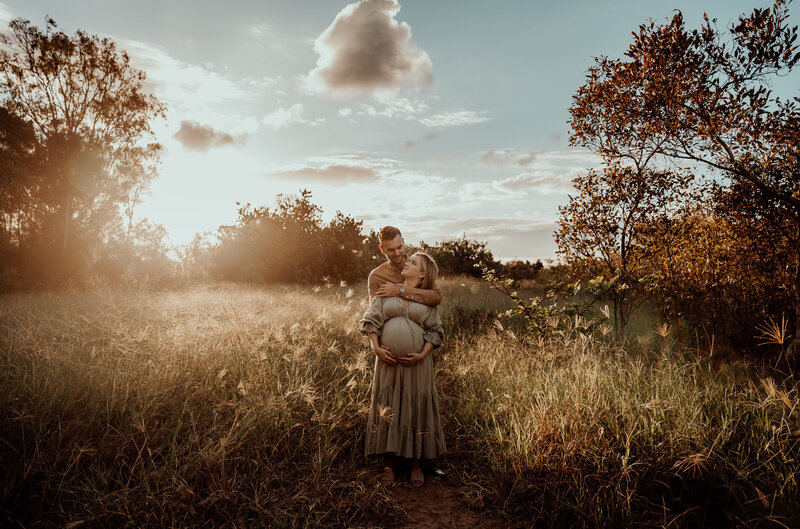 Brisbane maternity couple at sunset field photography