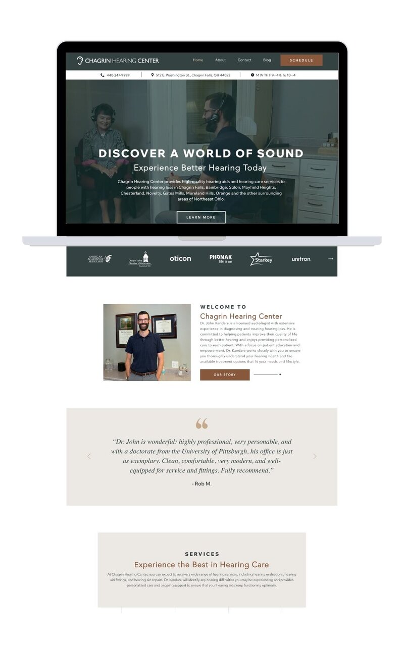 Mock-up of the Chagrin Hearing Center website displayed on a computer, showcasing a custom design tailored for an audiology practice.
