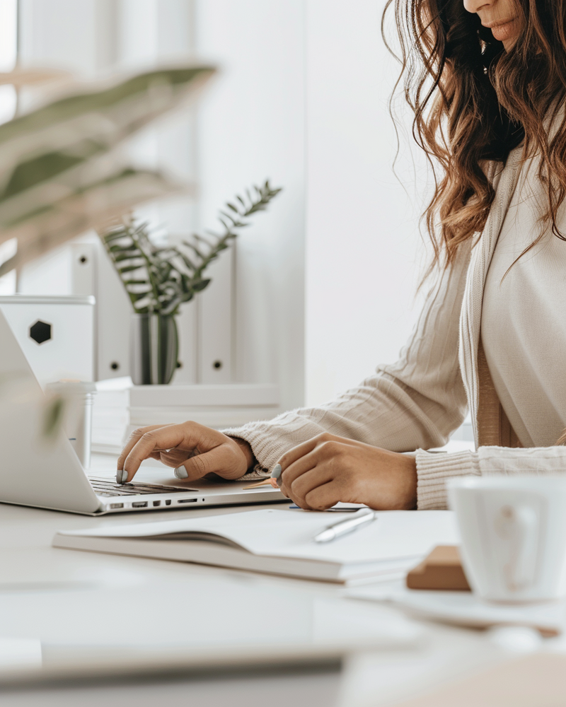 Woman typing on laptop in a bright, minimal home office with coffee and notebook on the desk