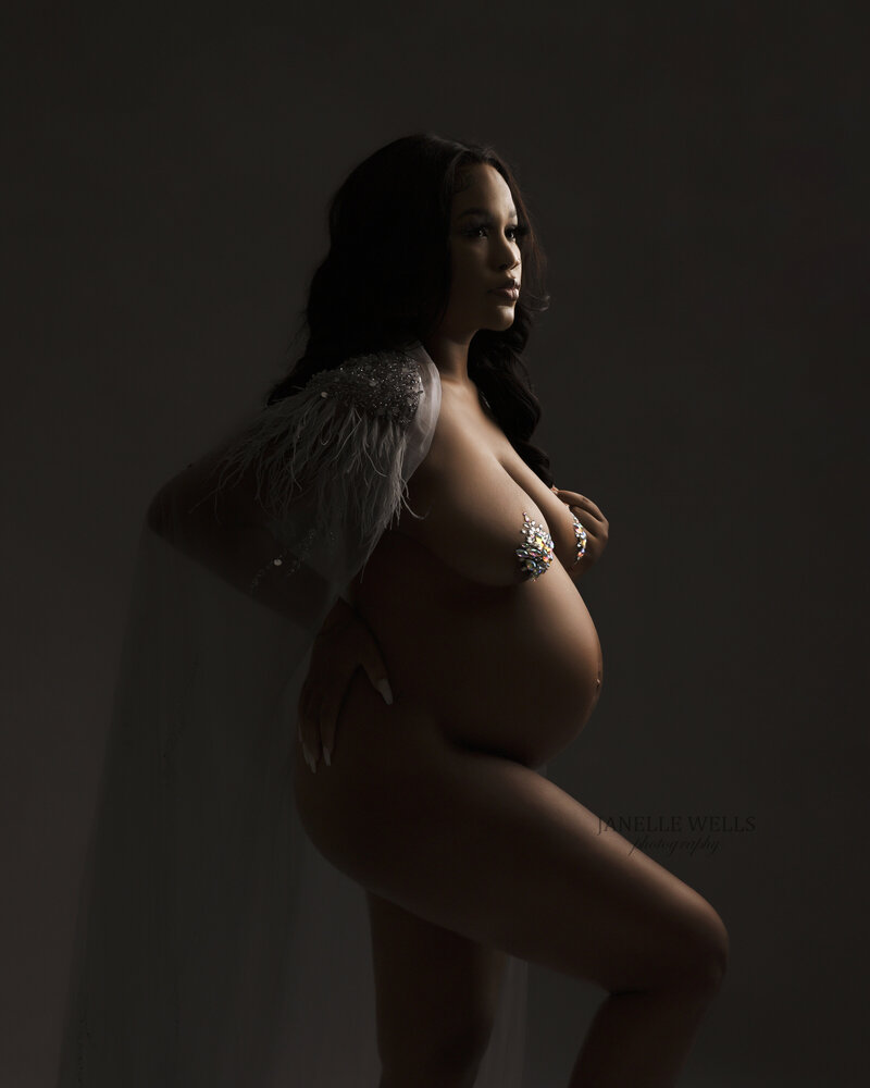 Boudoir maternity photo shoot in edgewood wearing nipple covers and a feather covering as a fine art nude style portrait near edgewood