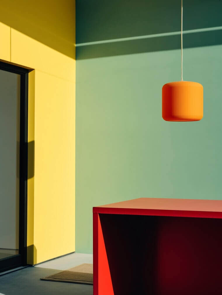 A modern minimalist design featuring a red geometric table, an orange pendant light, and contrasting yellow and green walls. The clean lines and bold color palette evoke a sense of balance and creativity, mirroring the innovative approach of vacation fundraising for charities.