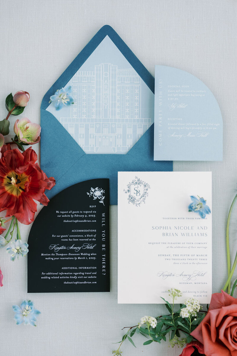 Modern classic wedding invitation suite with architectural envelope liner and curved RSVP card, designed by Montana stationery studio Seventh and Anderson.