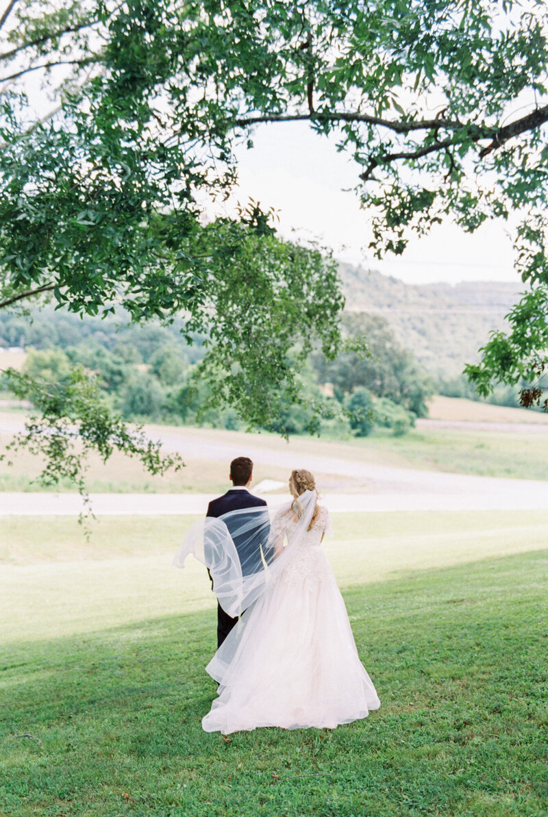 A photo from behind of the bride and groom walking down a grassy hillside toward luminous light by Huntsville wedding photographer, Kelsey Dawn Photography