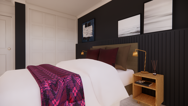 Interior guest bedroom  visual for Lisvane project showing  kitchen and dining interiors