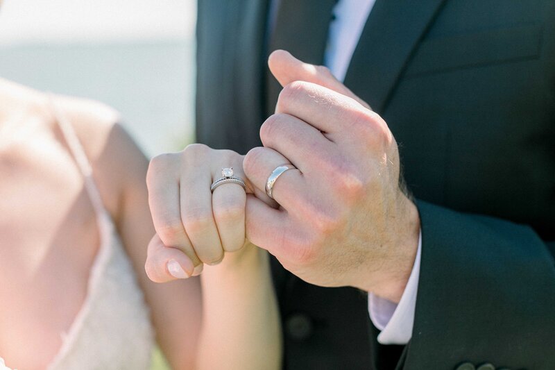 An image of a bride and grooms hands. Both wedding rings are showing.