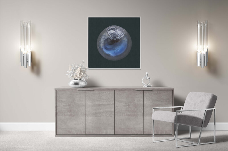 Fine Art Canvas with a white frame featuring Project Stardust micrometeorite NMM 2752 for luxury interior design