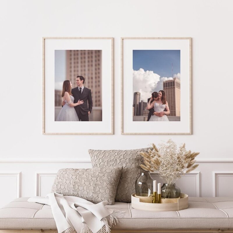 Photo of framed wedding photographs of a couple in a beautiful home