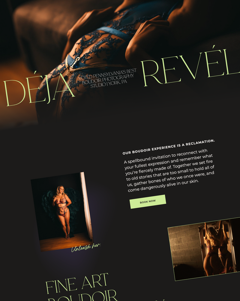 Mobile preview of a bold, fine art boudoir website for Deja Revel alongside branded blog layout cards on textured background