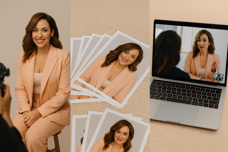 Woman in peach suit during a photoshoot, with headshot previews and a laptop for virtual selection.