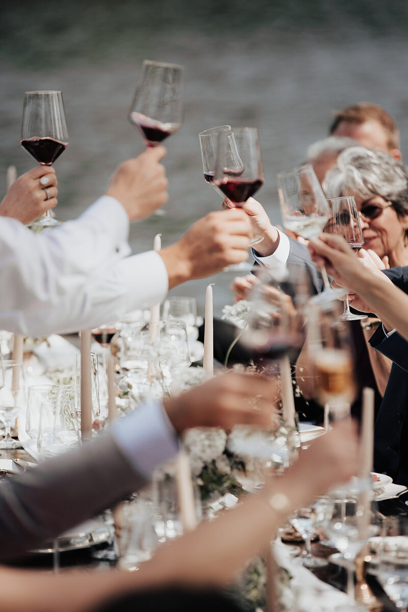 Wedding party cheers with red wine during wedding reception