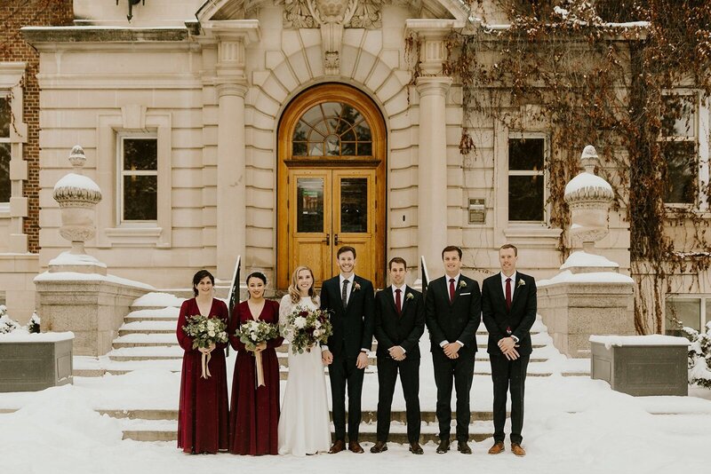 Wedding party at University of Alberta for a winter wedding