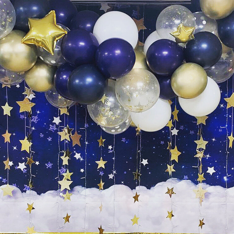 Blue, White and Gold stars. Balloon Decor + Design for Weddings, Bat/Bar Mitzvah, Parties and Proms