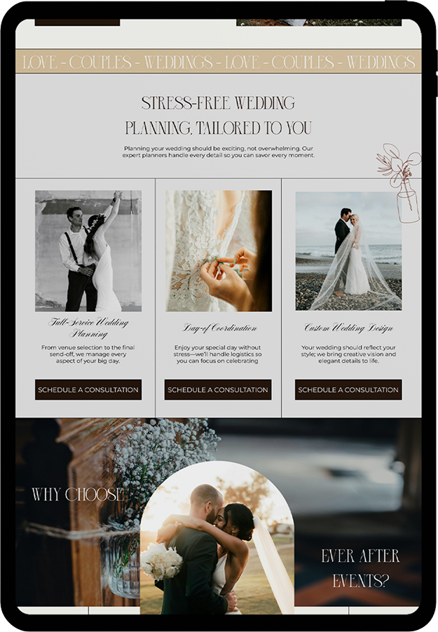 Feminine and strategic homepage design for a wedding and event planning studio
