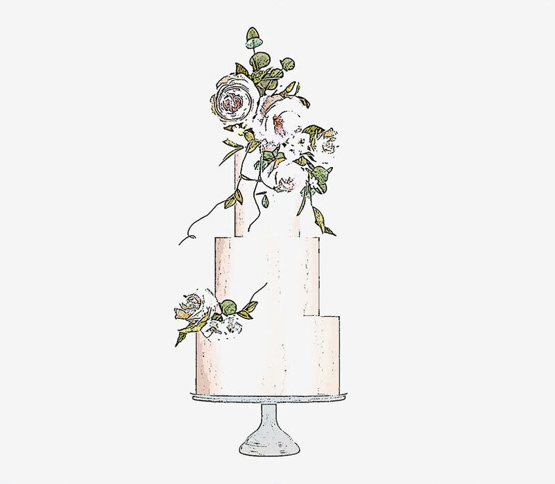 Sketch of a three tiered wedding cake with sugar flowers