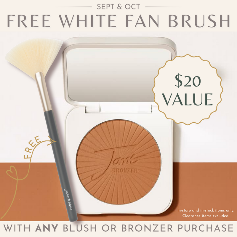 Free Jane Iredale white fan brush with any blush or bronzer purchase, $18 value, available September and October at Riversong Spa & Salon.