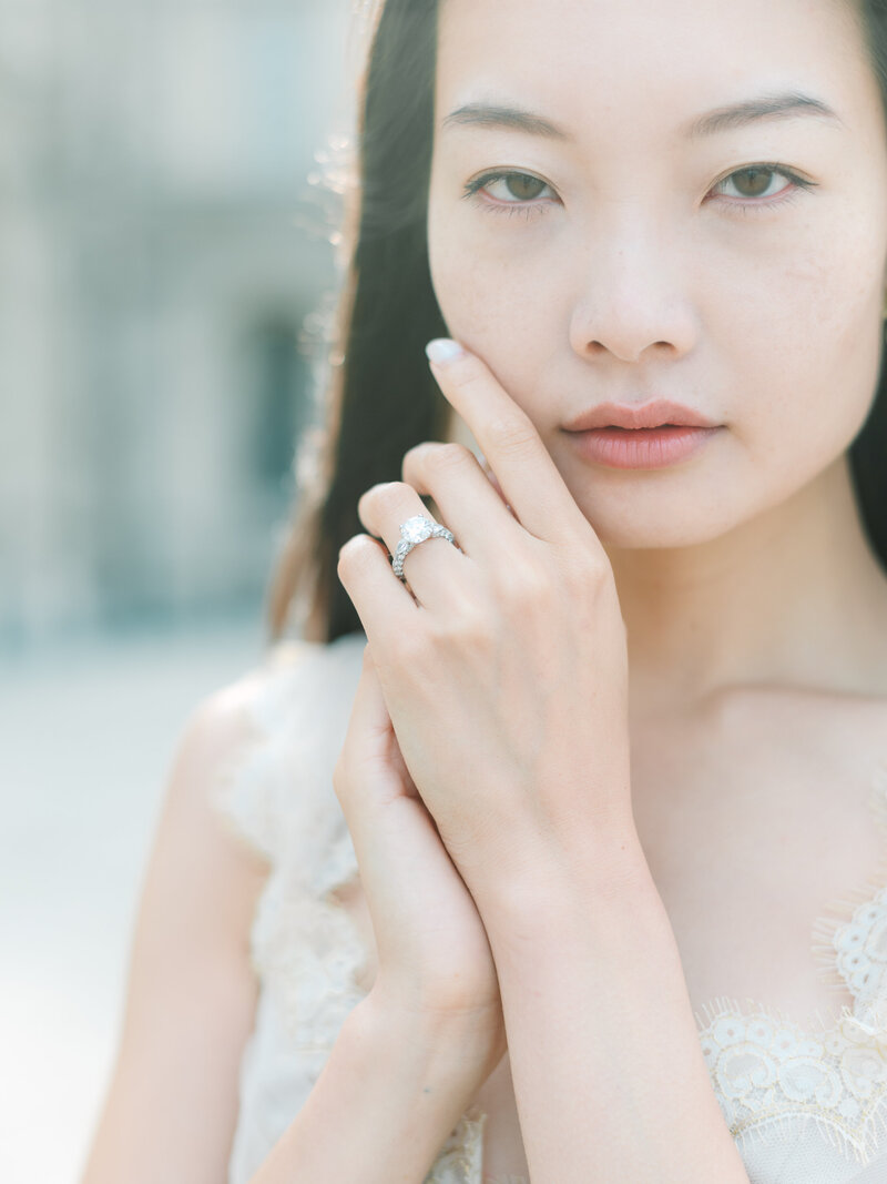 Close Portrait, beautiful bride Chihiro in Paris, with the ring