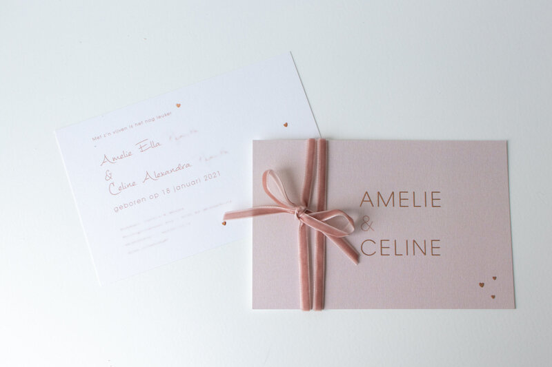 Een geboortekaartje voor tweelingmeisjes Amelie en Celine