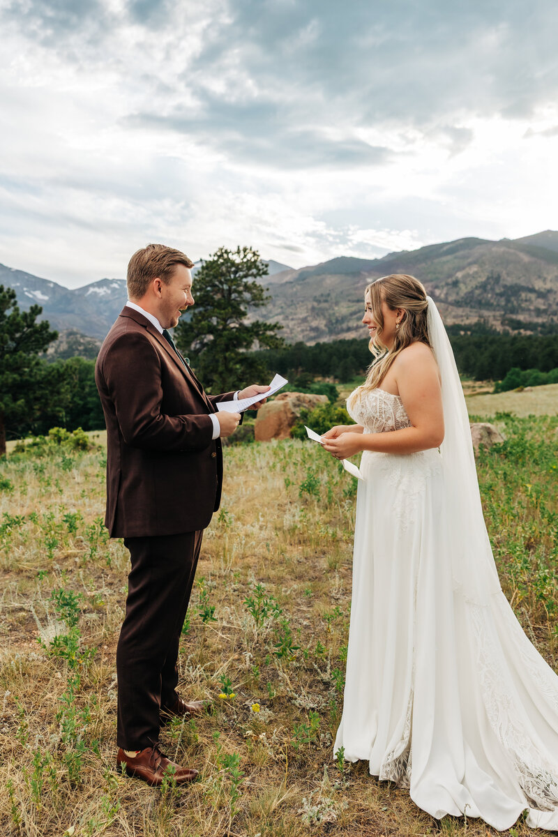 bride and groom celebrating they got married in front of mountain range with snowy peaks