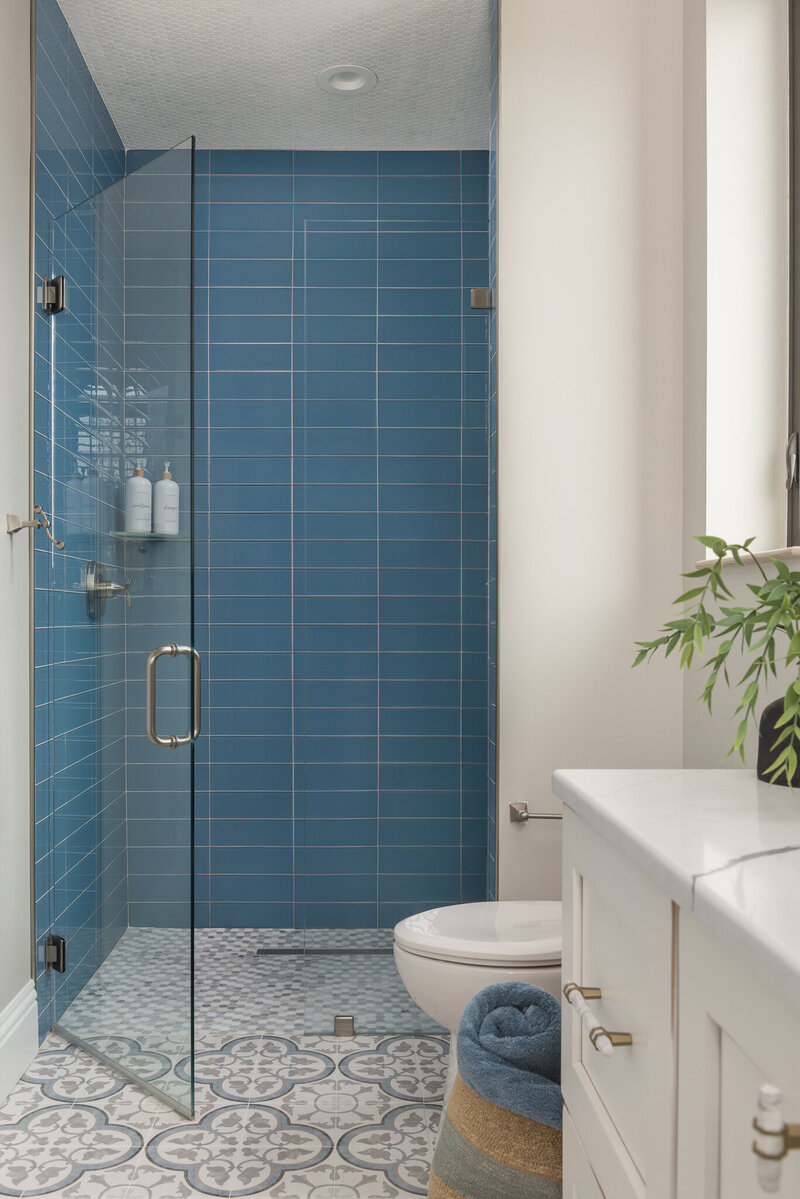 Glass shower door and tile details at Park Street_Scarbro Design