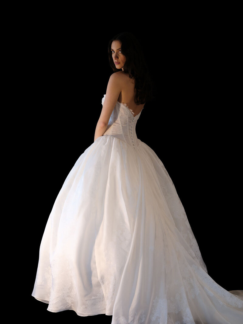 Corset drop waist bodice with front draping and touches of Chantilly lace.