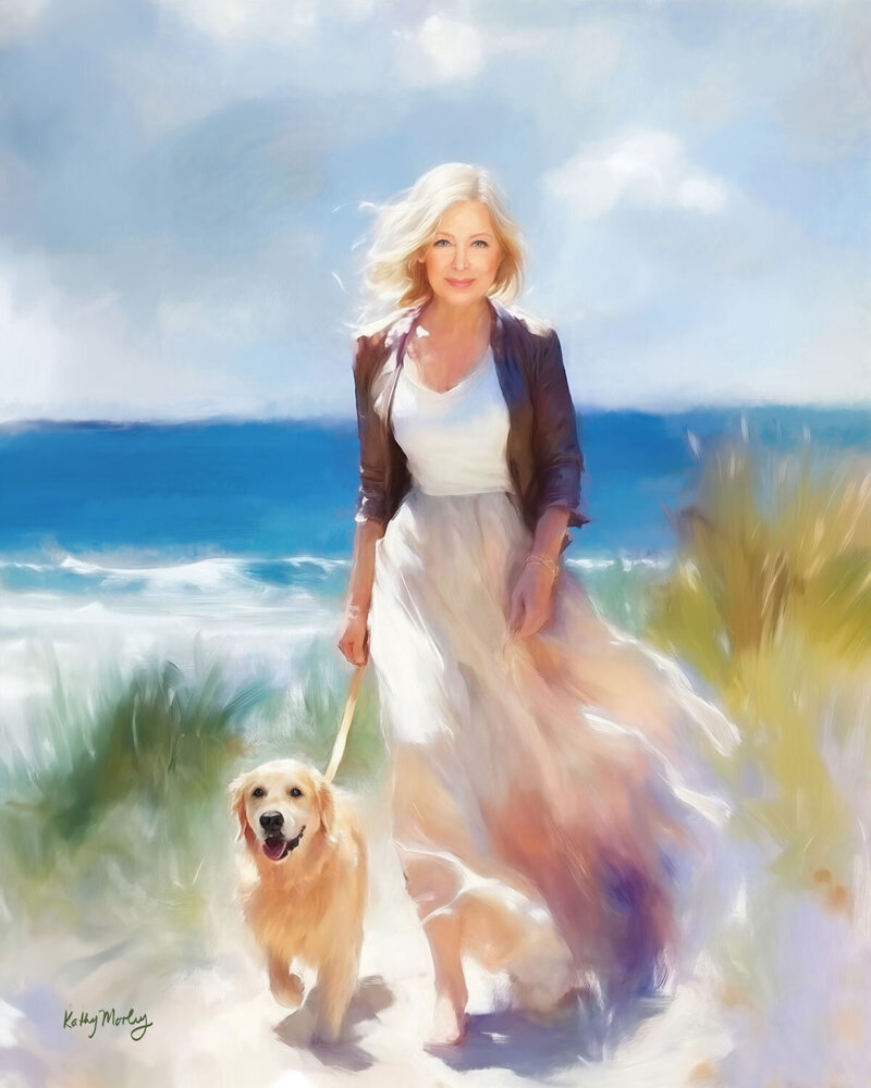 Painting of a woman with a golden retriever on the beach near the ocean