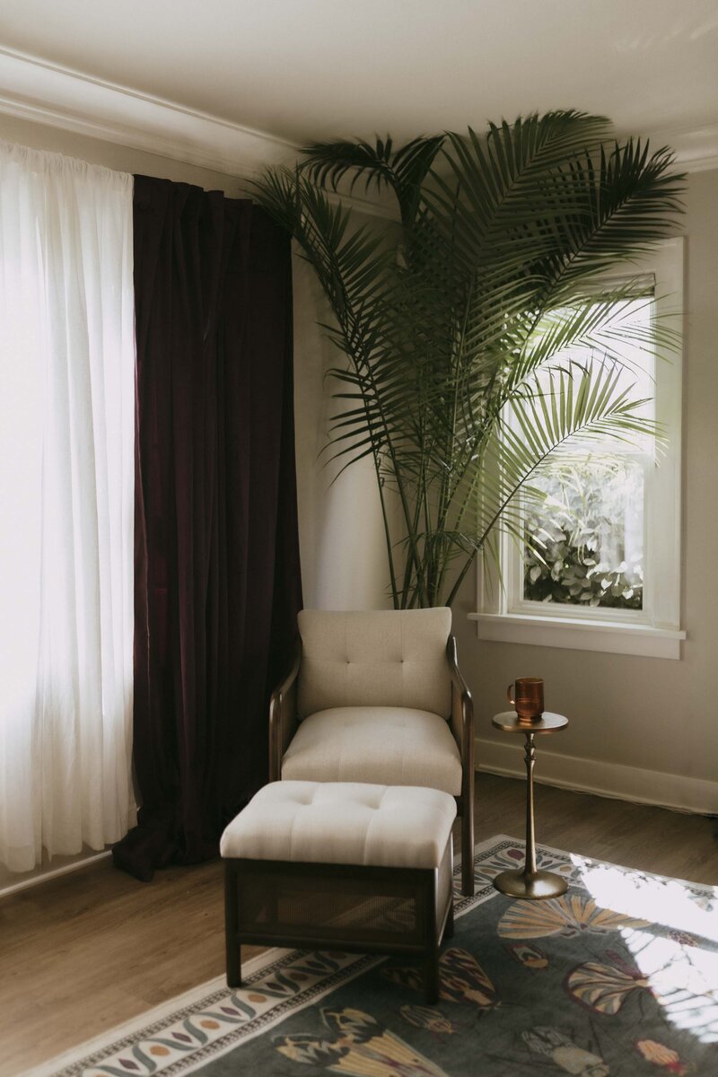 Living room with plush white chair
