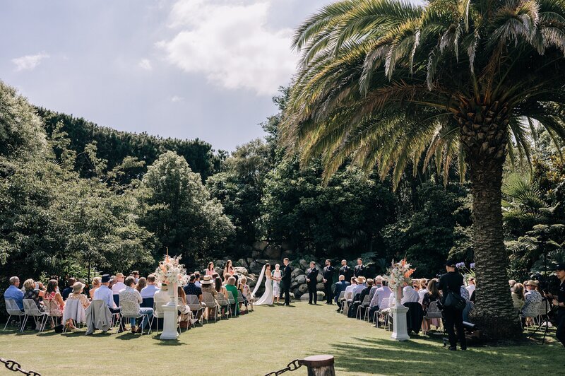 tropical vibe backyard wedding with palm trees in the sunshine near christchurch