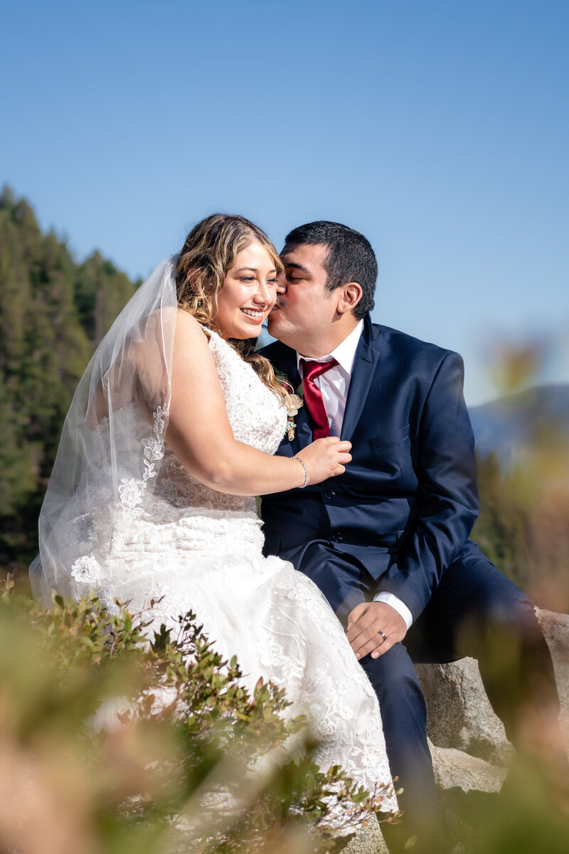 South Lake Tahoe Elopement Emerald Bay bride and groom kiss.